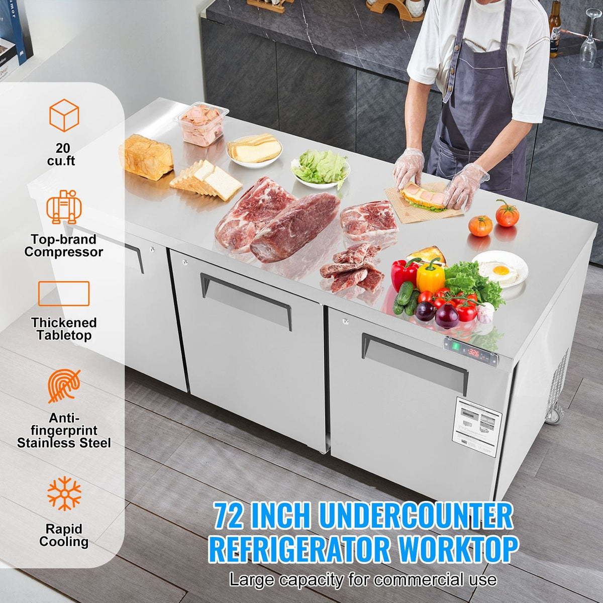 72" Commercial Refrigerator Sandwich & Salad Prep Table, 20 Cu. Ft Stainless Steel Refrigerated Food Prep Station with 3 Doors, Frost Free Refrigerator with Lock for Restaurant, Bar, Store
