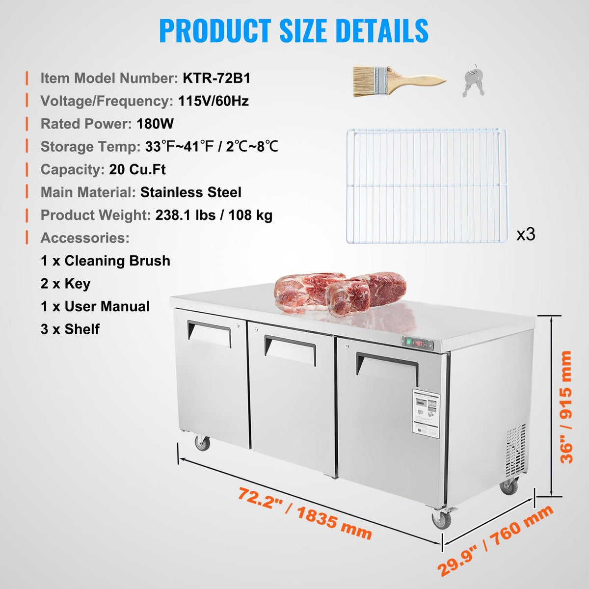 72" Commercial Refrigerator Sandwich & Salad Prep Table, 20 Cu. Ft Stainless Steel Refrigerated Food Prep Station with 3 Doors, Frost Free Refrigerator with Lock for Restaurant, Bar, Store