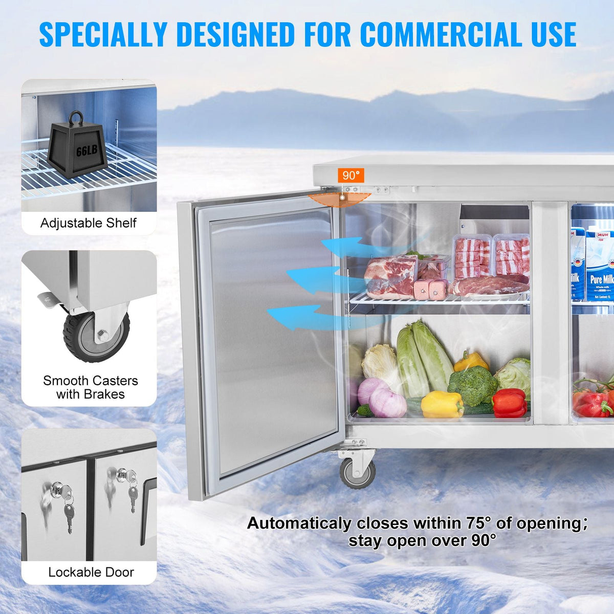 72" Commercial Refrigerator Sandwich & Salad Prep Table, 20 Cu. Ft Stainless Steel Refrigerated Food Prep Station with 3 Doors, Frost Free Refrigerator with Lock for Restaurant, Bar, Store