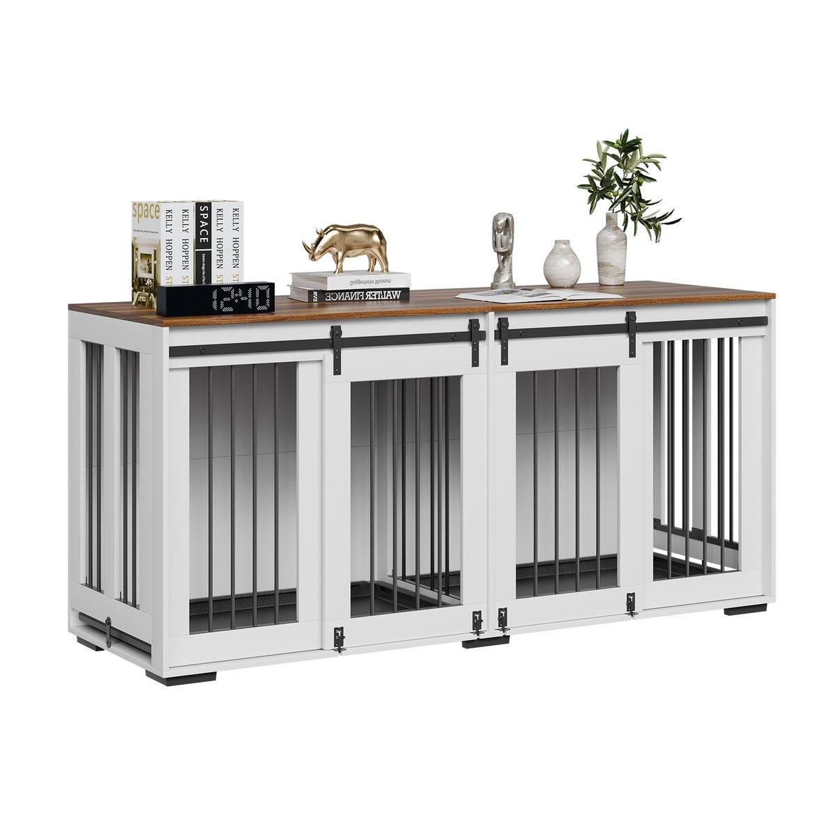 72" Dog Crate Furniture for 2 Dogs, Double Dog Crate Furniture with Double Sliding Doors, Large Dog Crate TV Stand with Removable Tray, Steel Frame Double Dog Crate, White