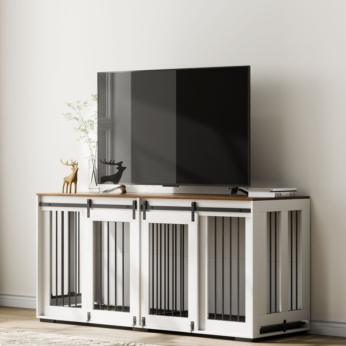 72" Dog Crate Furniture for 2 Dogs, Double Dog Crate Furniture with Double Sliding Doors, Large Dog Crate TV Stand with Removable Tray, Steel Frame Double Dog Crate, White