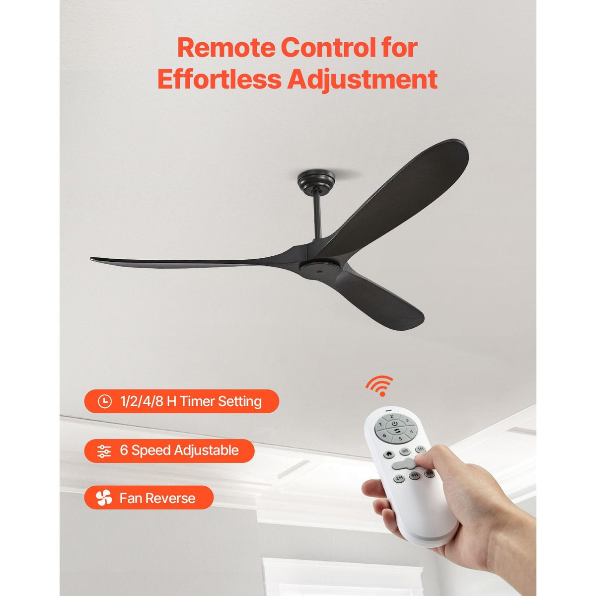 72 Inch Ceiling Fan without Light, 6-Speed Remote Control, 3-Wood-Blade, Reversible DC Motor, Modern Low Profile Flush Mount Exterior Fan for Bedroom, Living Room, Patio, Indoor/Outdoor, Black