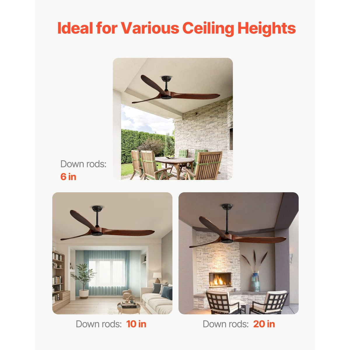 72 Inch Ceiling Fan without Light, 6-Speed Remote Control, 3-Wood-Blade, Reversible DC Motor, Modern Low Profile Flush Mount Exterior Fan for Bedroom, Living Room, Patio, Indoor/Outdoor, Walnut
