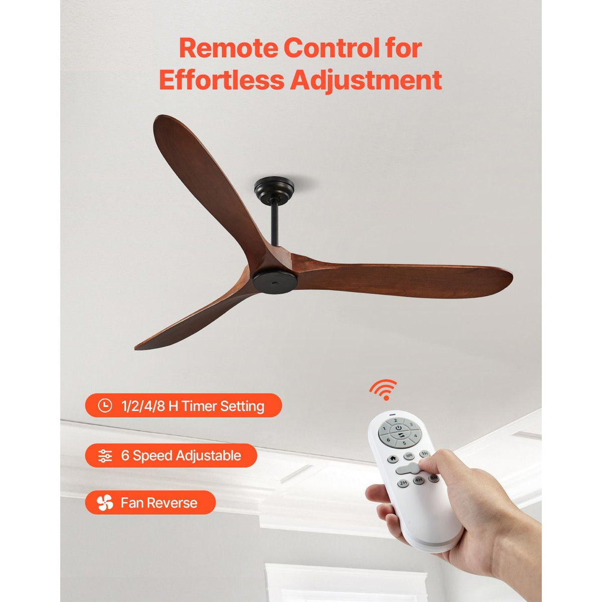 72 Inch Ceiling Fan without Light, 6-Speed Remote Control, 3-Wood-Blade, Reversible DC Motor, Modern Low Profile Flush Mount Exterior Fan for Bedroom, Living Room, Patio, Indoor/Outdoor, Walnut