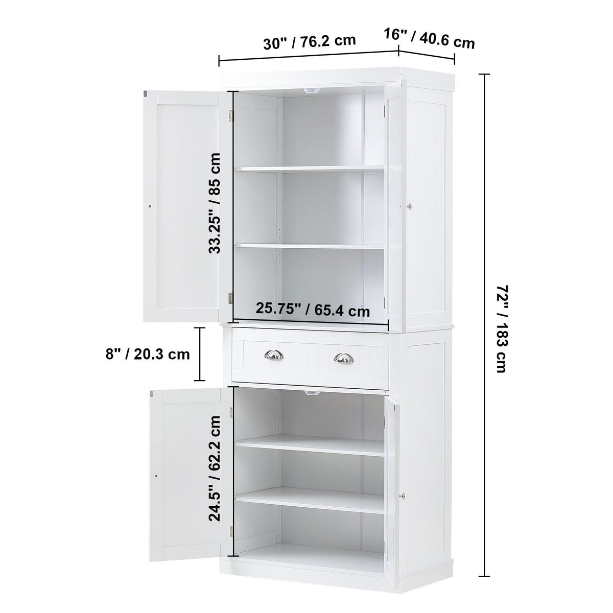 72" Kitchen Pantry Storage Cabinet, Freestanding Utility Cabinets with Doors, Drawer and 3 Adjustable Shelves, Tall Food Buffet Pantries for Kitchen, Living Room, Dinning Room, Laundry, White