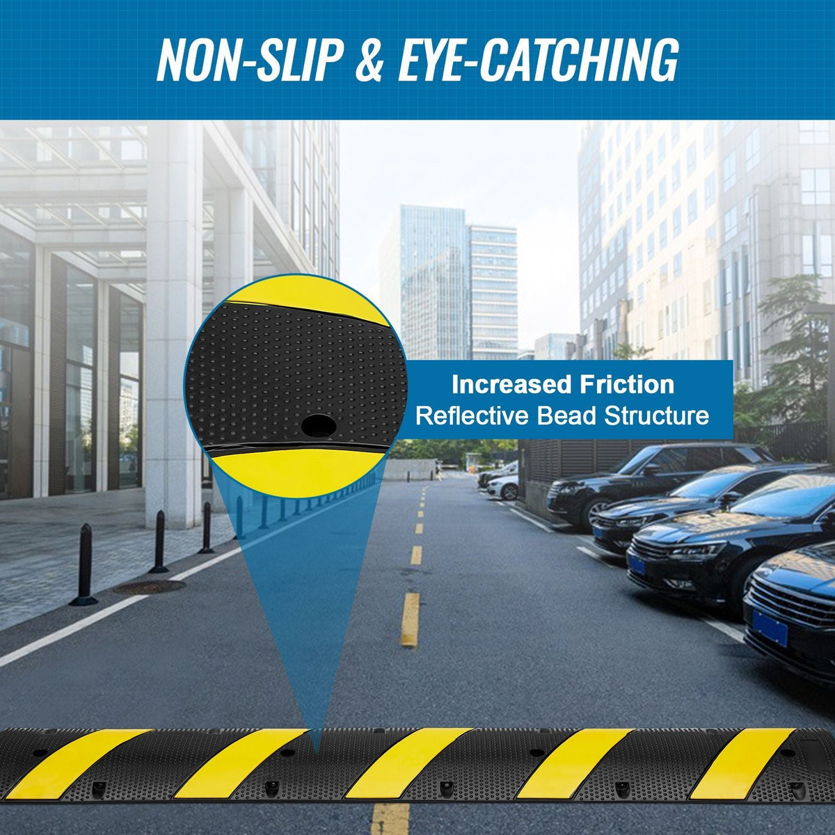 72'' Rubber Speed Bump, Dual Channel, Supports up to 22000 lbs, Durable Traffic Speed Hump with Bright Yellow Reflective Strip, Includes 4 Expansion Screws & Drill for Asphalt, Concrete, Grav