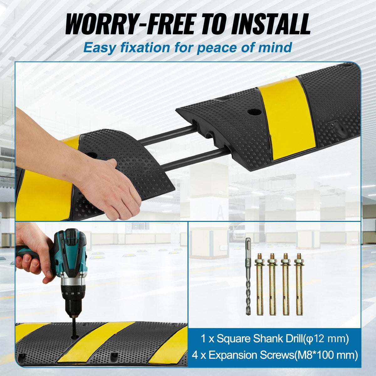 72'' Rubber Speed Bump, Dual Channel, Supports up to 22000 lbs, Durable Traffic Speed Hump with Bright Yellow Reflective Strip, Includes 4 Expansion Screws & Drill for Asphalt, Concrete, Grav