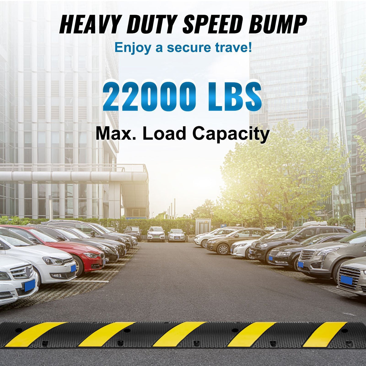 72'' Rubber Speed Bump, Dual Channel, Supports up to 22000 lbs, Durable Traffic Speed Hump with Bright Yellow Reflective Strip, Includes 4 Expansion Screws & Drill for Asphalt, Concrete, Grav