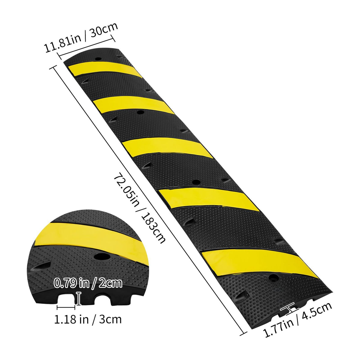 72'' Rubber Speed Bump, Dual Channel, Supports up to 22000 lbs, Durable Traffic Speed Hump with Bright Yellow Reflective Strip, Includes 4 Expansion Screws & Drill for Asphalt, Concrete, Grav
