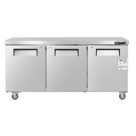 72" W Commercial Freezer, 17.7 Cu.Ft Worktop Freezers Undercounter with LED Auto Lighting and Lockable Door, 3 Doors Food Freezing Prep Worktable, Stainless Steel Prep Frozen Table with Casters