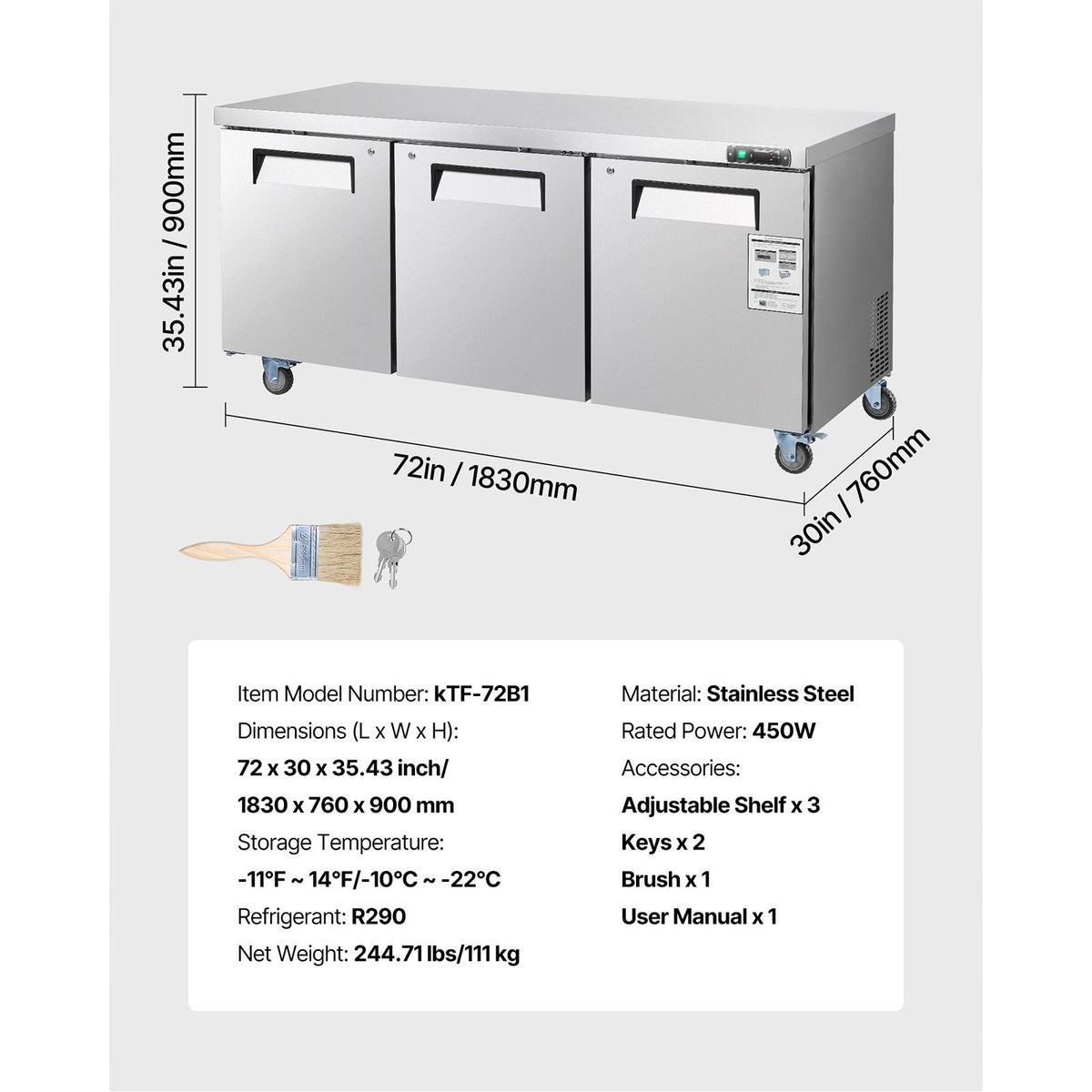 72" W Commercial Freezer, 17.7 Cu.Ft Worktop Freezers Undercounter with LED Auto Lighting and Lockable Door, 3 Doors Food Freezing Prep Worktable, Stainless Steel Prep Frozen Table with Casters