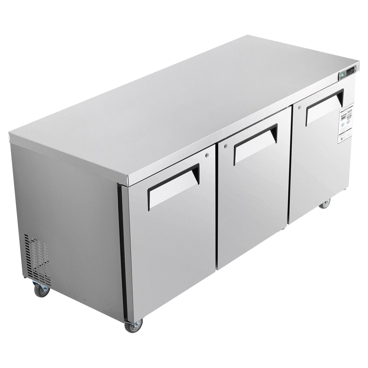 72" W Commercial Freezer, 17.7 Cu.Ft Worktop Freezers Undercounter with LED Auto Lighting and Lockable Door, 3 Doors Food Freezing Prep Worktable, Stainless Steel Prep Frozen Table with Casters