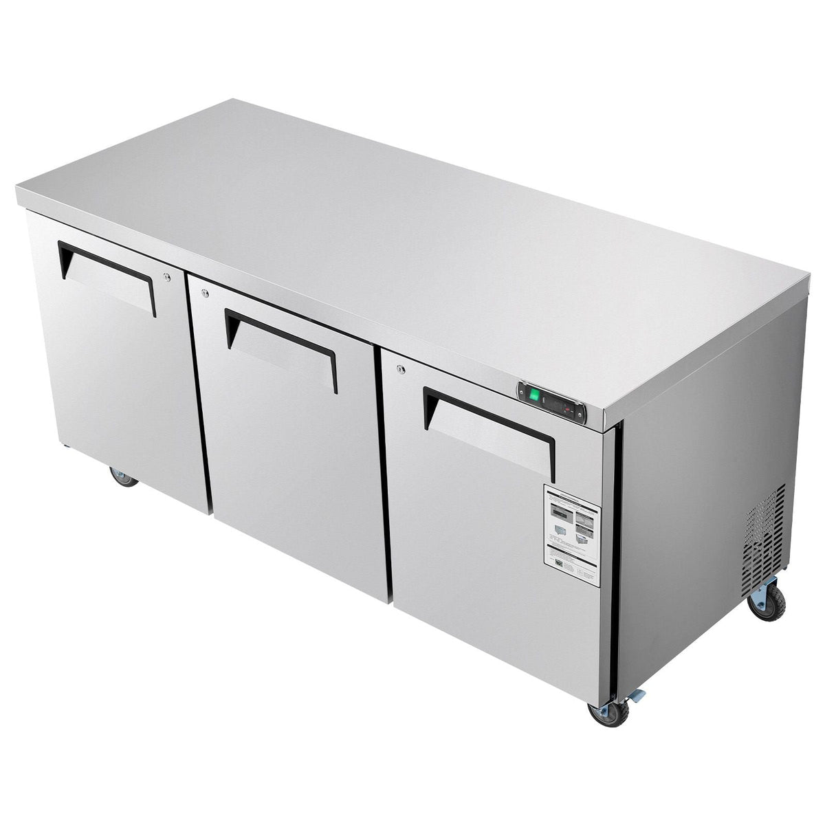 72" W Commercial Freezer, 17.7 Cu.Ft Worktop Freezers Undercounter with LED Auto Lighting and Lockable Door, 3 Doors Food Freezing Prep Worktable, Stainless Steel Prep Frozen Table with Casters