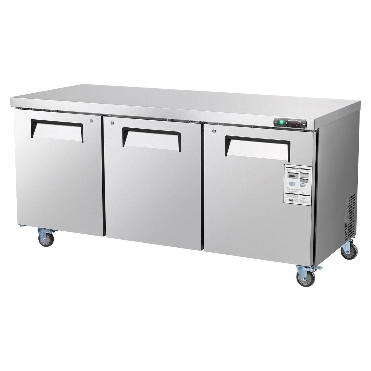 72" W Commercial Freezer, 17.7 Cu.Ft Worktop Freezers Undercounter with LED Auto Lighting and Lockable Door, 3 Doors Food Freezing Prep Worktable, Stainless Steel Prep Frozen Table with Casters