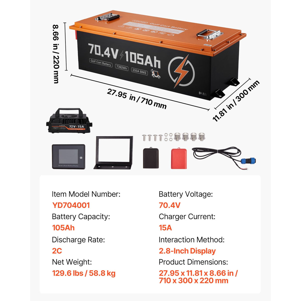 72V (70.4V) 105AH Lithium Golf Cart Battery, with 15A Charger, Lifepo4 Battery Kit, Built-in 200A BMS, with Bluetooth & Touch Monitor, 2C Discharge, 4000 Cycles, for Golf Carts, Trolling Motors