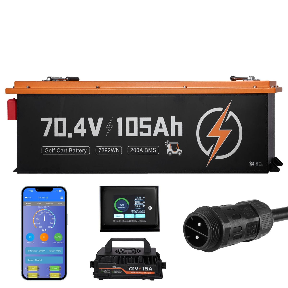 72V (70.4V) 105AH Lithium Golf Cart Battery, with 15A Charger, Lifepo4 Battery Kit, Built-in 200A BMS, with Bluetooth & Touch Monitor, 2C Discharge, 4000 Cycles, for Golf Carts, Trolling Motors