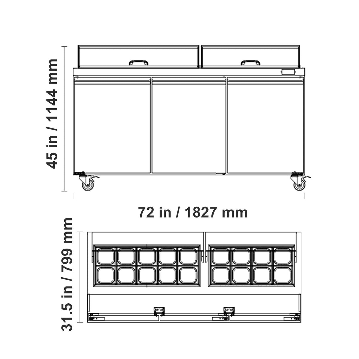72"W Commercial Refrigerator, 18.7 Cu. Ft Sandwich Prep Refrigerated Table, Mega Top Food Prep Fridge with 18 Pans and Cutting Board, Stainless Steel Salad Prep Cooler for Restaurant, Food Truck