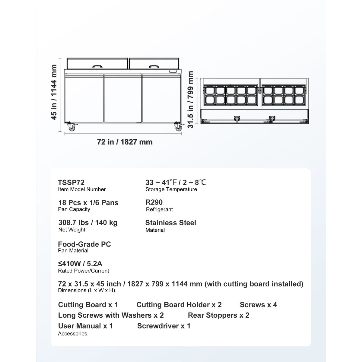 72"W Commercial Refrigerator, 18.7 Cu. Ft Sandwich Prep Refrigerated Table, Mega Top Food Prep Fridge with 18 Pans and Cutting Board, Stainless Steel Salad Prep Cooler for Restaurant, Food Truck