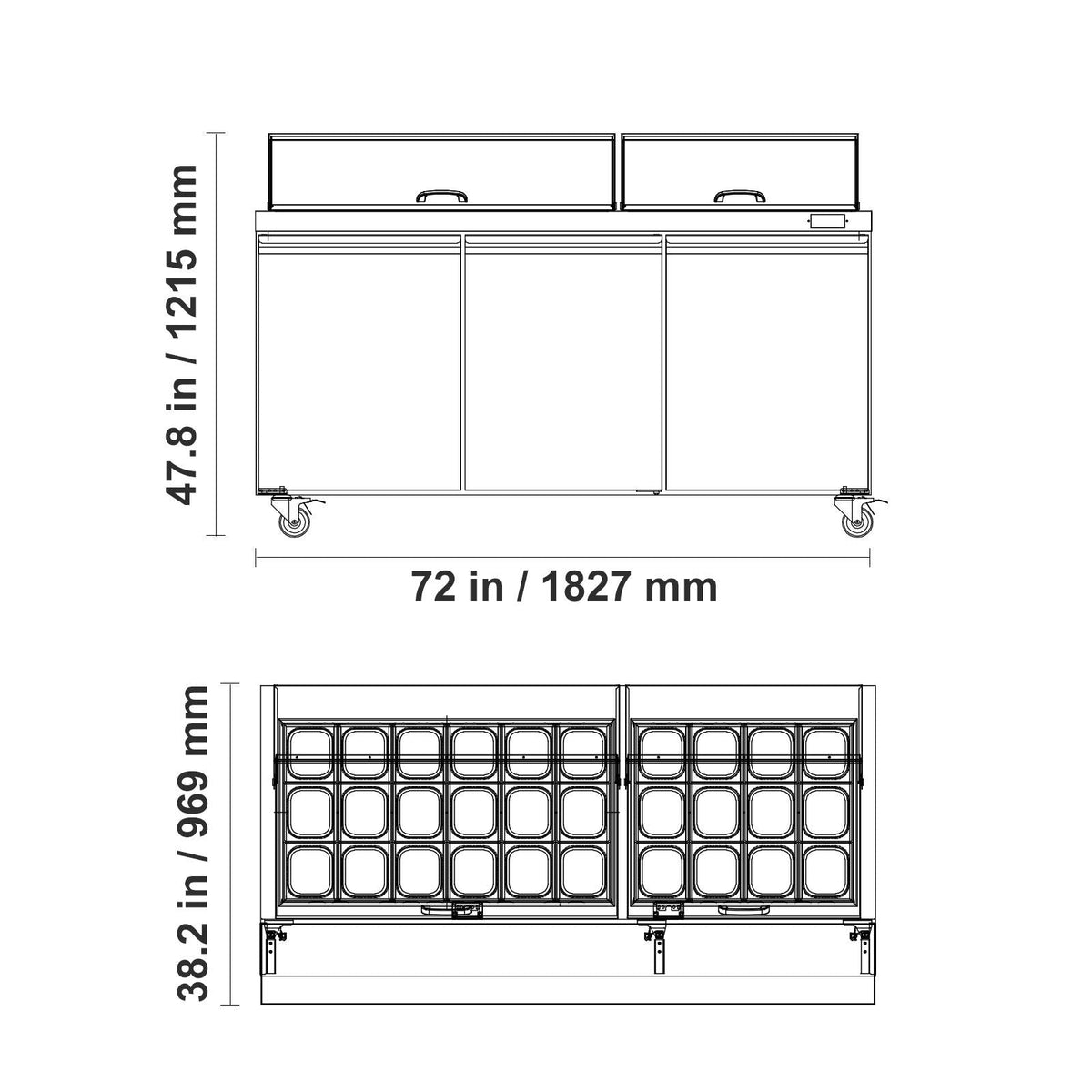 72"W Commercial Refrigerator, 18.7 Cu. Ft Sandwich Prep Refrigerated Table, Mega Top Food Prep Fridge with 30 Pans and Cutting Board, Stainless Steel Salad Prep Cooler for Restaurant, Food Truck
