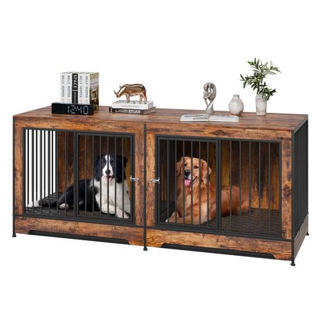 75" Dog Crate Furniture for 2 Dogs, Extra Large Double Dog Crate Furniture Large Breed with Divider & Double Doors, Large Wooden Dog Crate Furniture TV Stand for Medium Large Dogs Brown