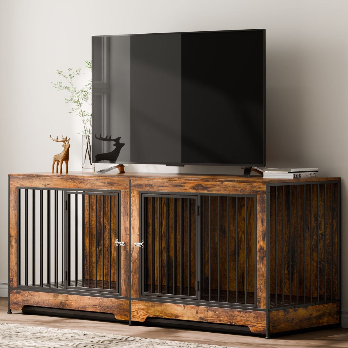 75" Dog Crate Furniture for 2 Dogs, Extra Large Double Dog Crate Furniture Large Breed with Divider & Double Doors, Large Wooden Dog Crate Furniture TV Stand for Medium Large Dogs Brown