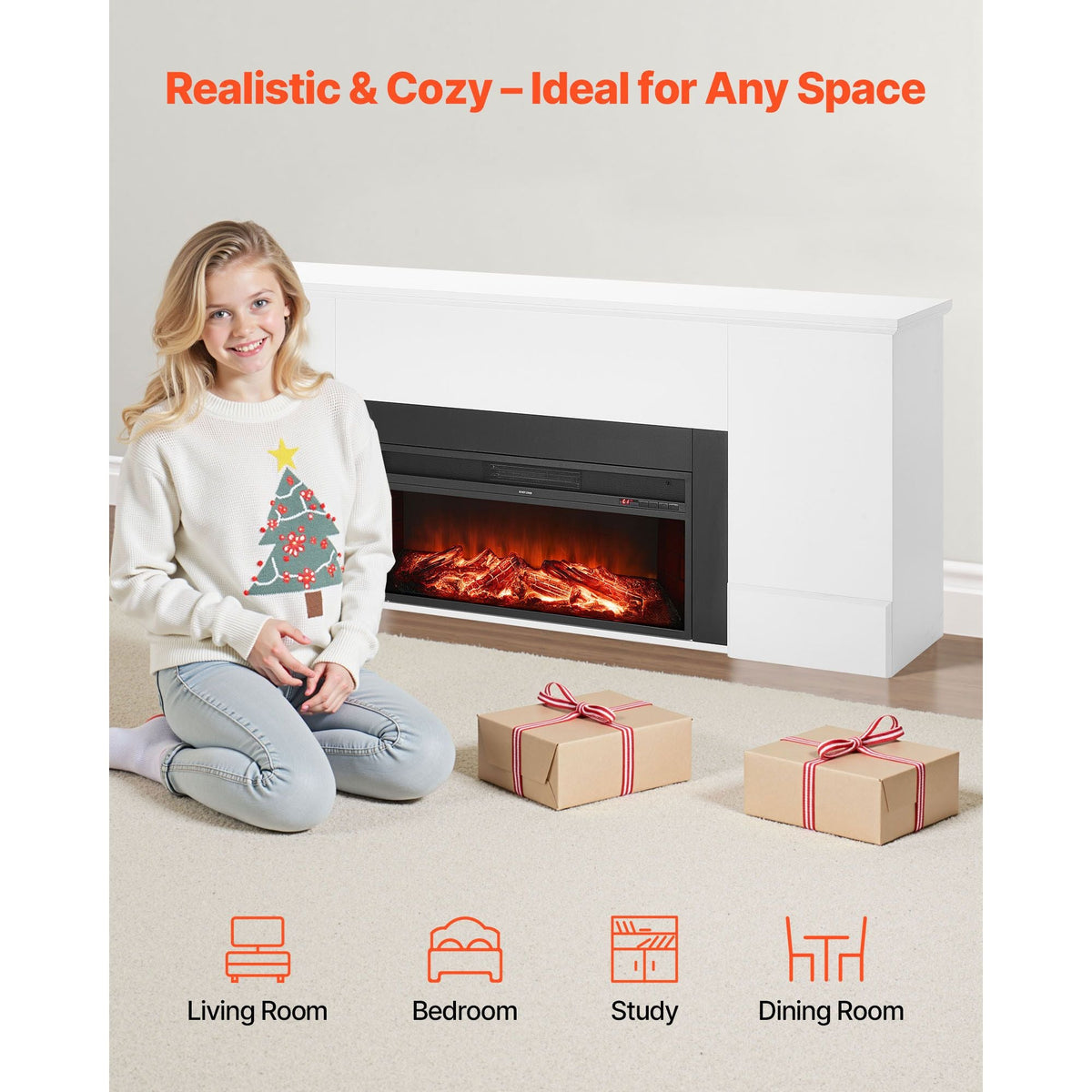 75 inch Freestanding Fireplaces, 1500W 5120BTU Fake Electric Fireplace Stove Heater with Mantel, Overheating Protection, Adjustable Flames,Timer, Remote, for Living Room,Bedroom,White