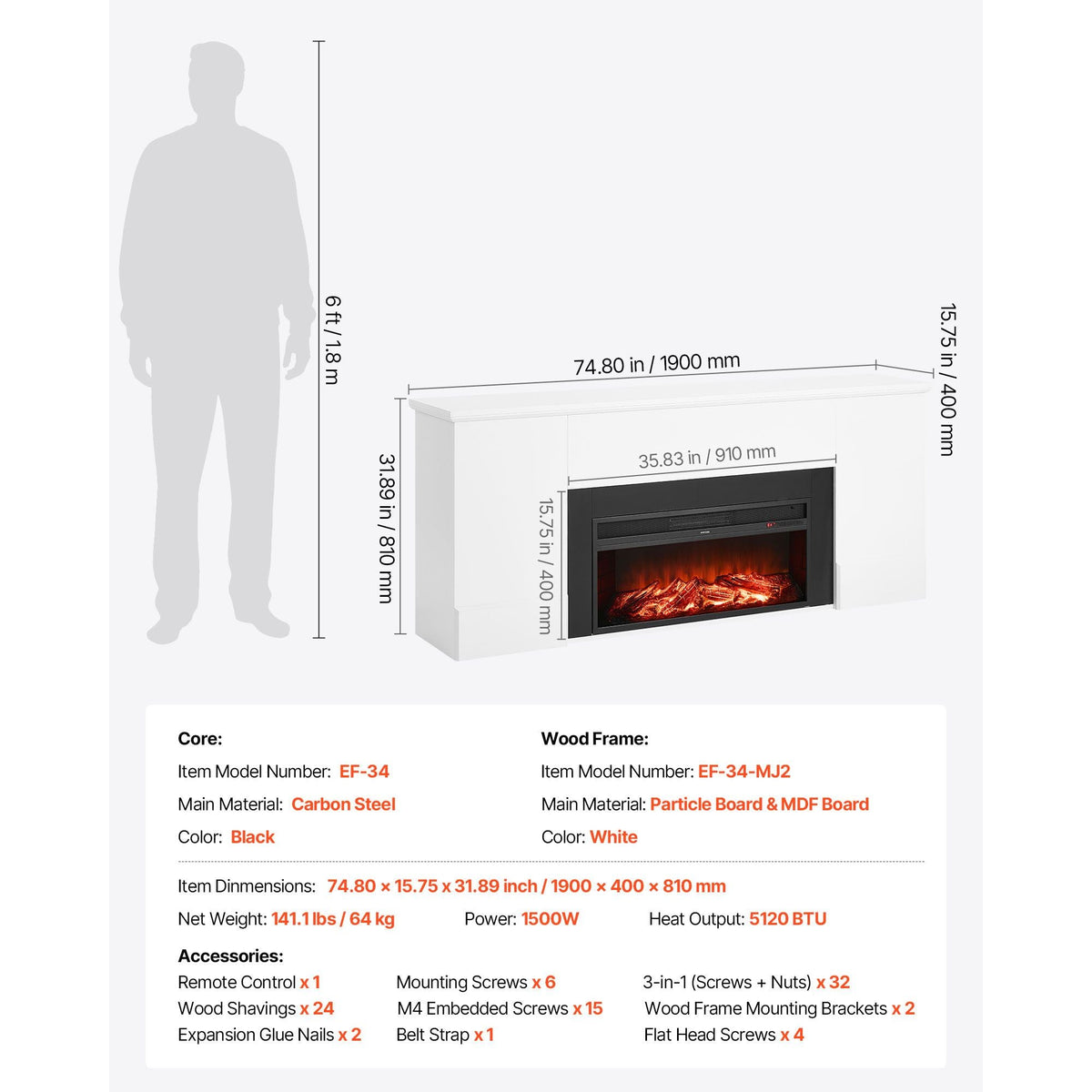 75 inch Freestanding Fireplaces, 1500W 5120BTU Fake Electric Fireplace Stove Heater with Mantel, Overheating Protection, Adjustable Flames,Timer, Remote, for Living Room,Bedroom,White