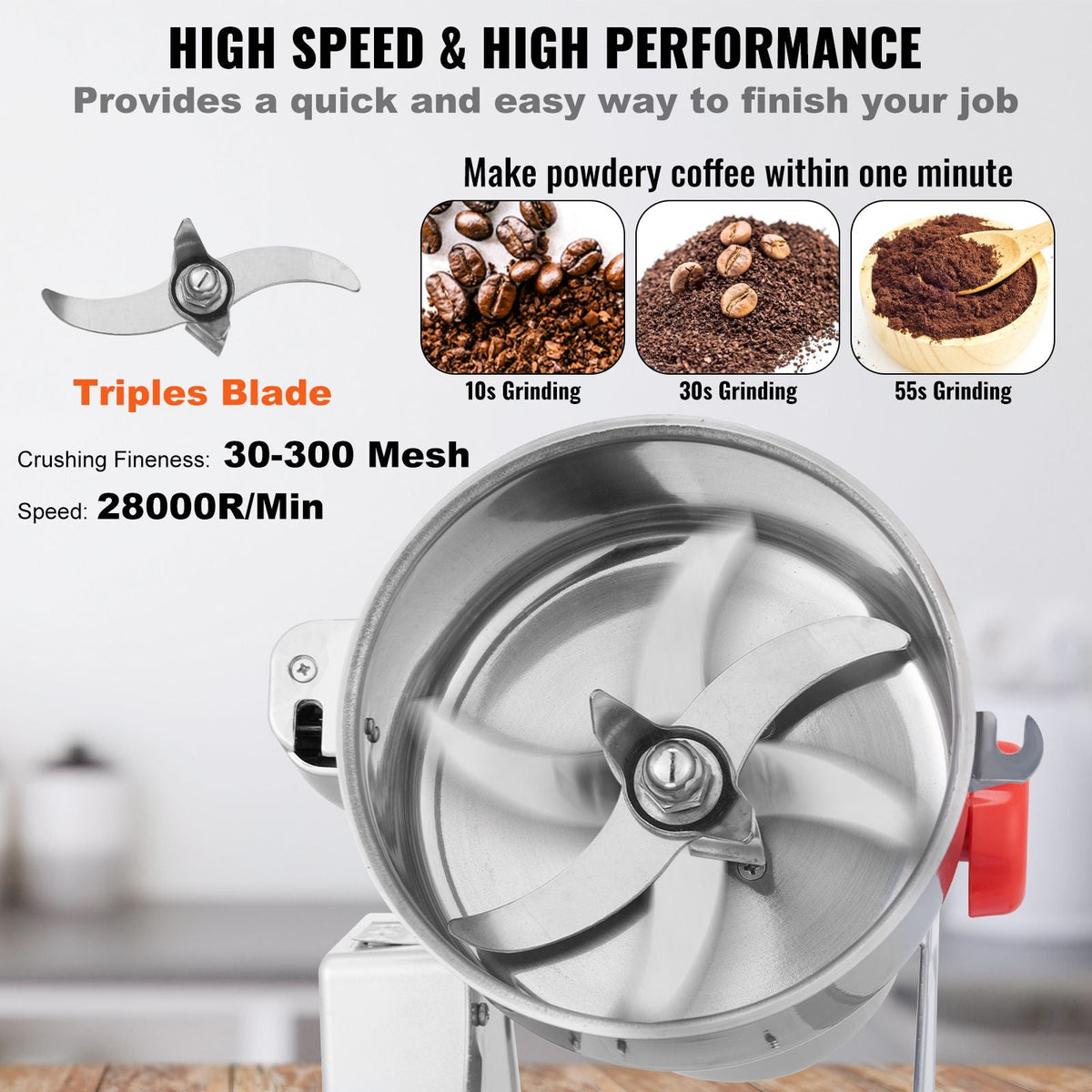750g Electric Grain Mill Grinder, High Speed 2000W Commercial Spice Grinders, Stainless Steel Pulverizer Powder Machine, for Dry Grains Spices Cereals Coffee Corn Pepper, Swing Type