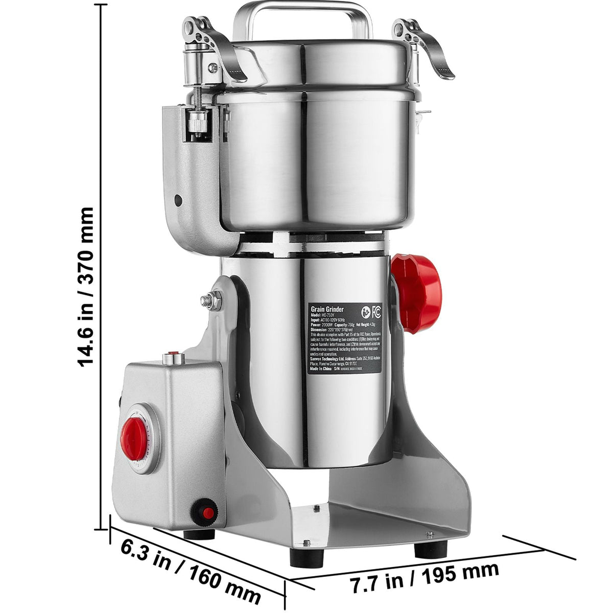 750g Electric Grain Mill Grinder, High Speed 2000W Commercial Spice Grinders, Stainless Steel Pulverizer Powder Machine, for Dry Grains Spices Cereals Coffee Corn Pepper, Swing Type