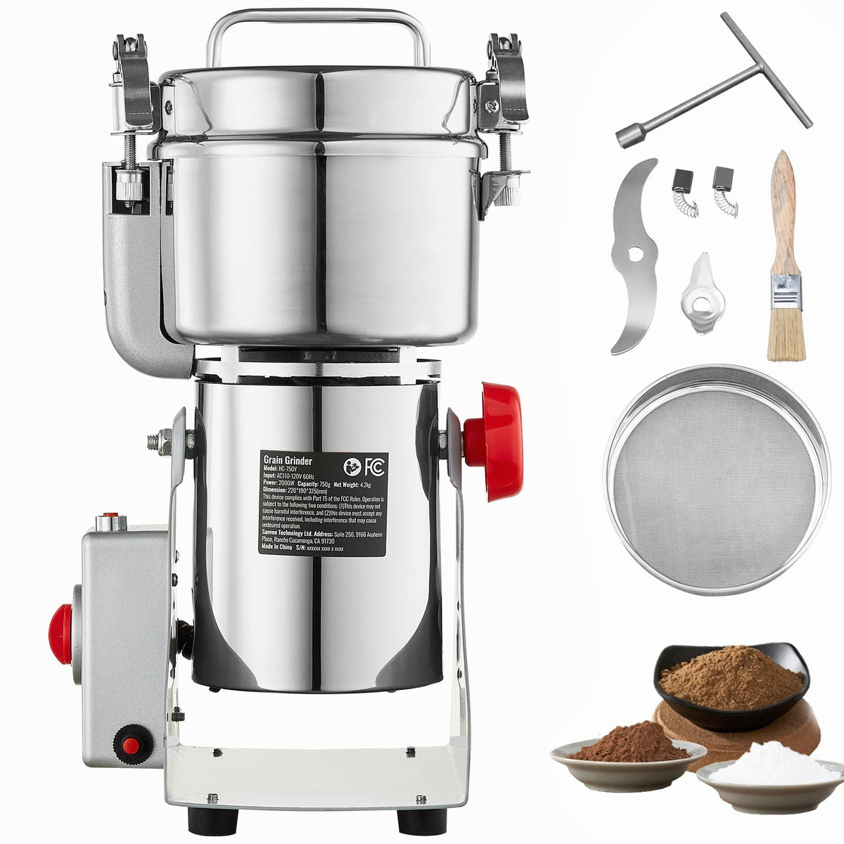 750g Electric Grain Mill Grinder, High Speed 2000W Commercial Spice Grinders, Stainless Steel Pulverizer Powder Machine, for Dry Grains Spices Cereals Coffee Corn Pepper, Swing Type