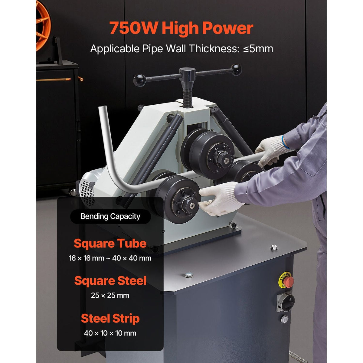 750W Electric Roll Bending Machine, 3-Roller Electric Pipe Bender Machine with Reversible Foot Switch, Support Horizontal/Vertical Operation (220V 60Hz 3-Phase, No Plug)