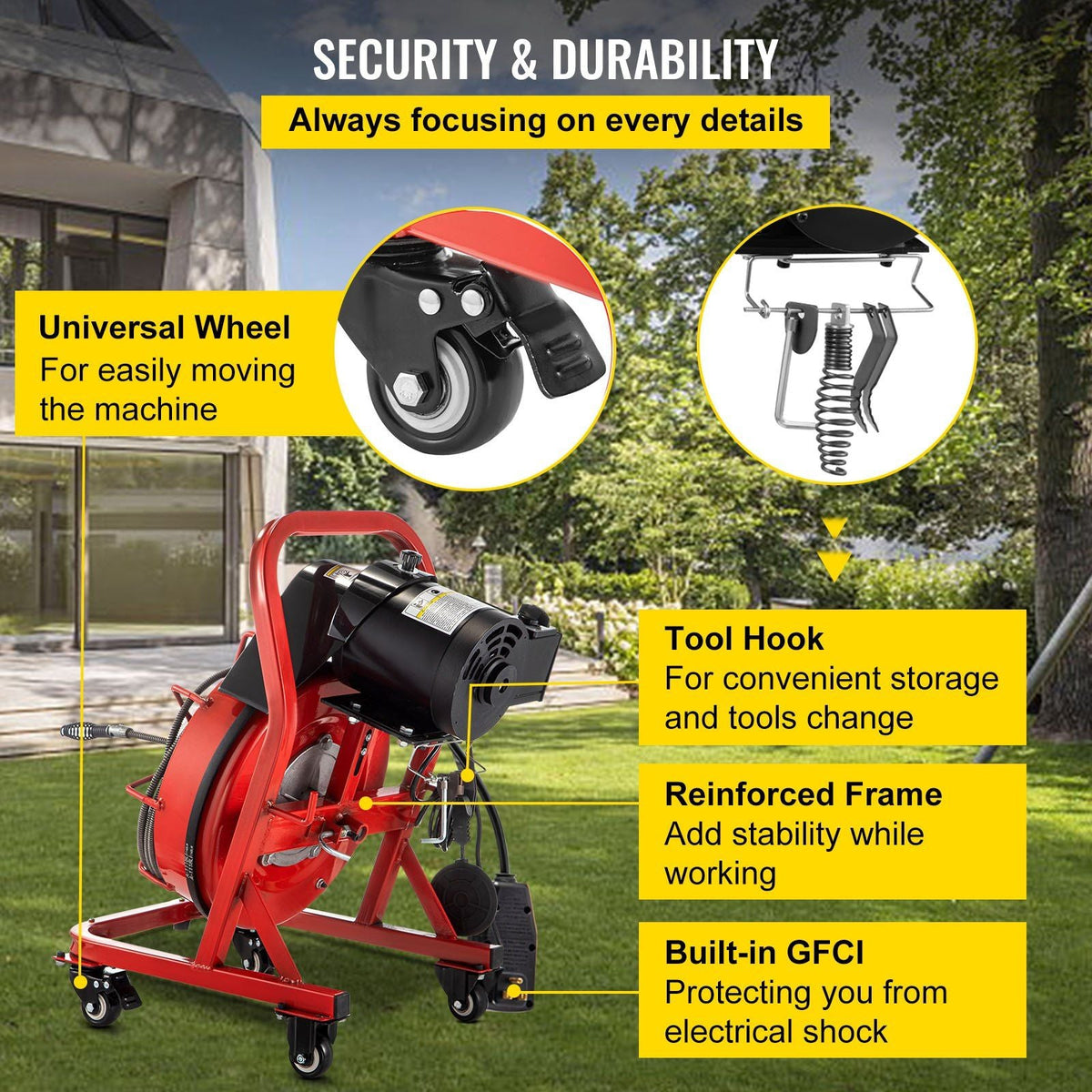 75FT x 3/8 Inch Drain Cleaning Machine, 250W Electric Drain Auger on Wheels, Portable Sewer Snake Auger Cleaner with Cutters & Air-Activated Foot Switch for 2" to 4" Pipes, Black, Red