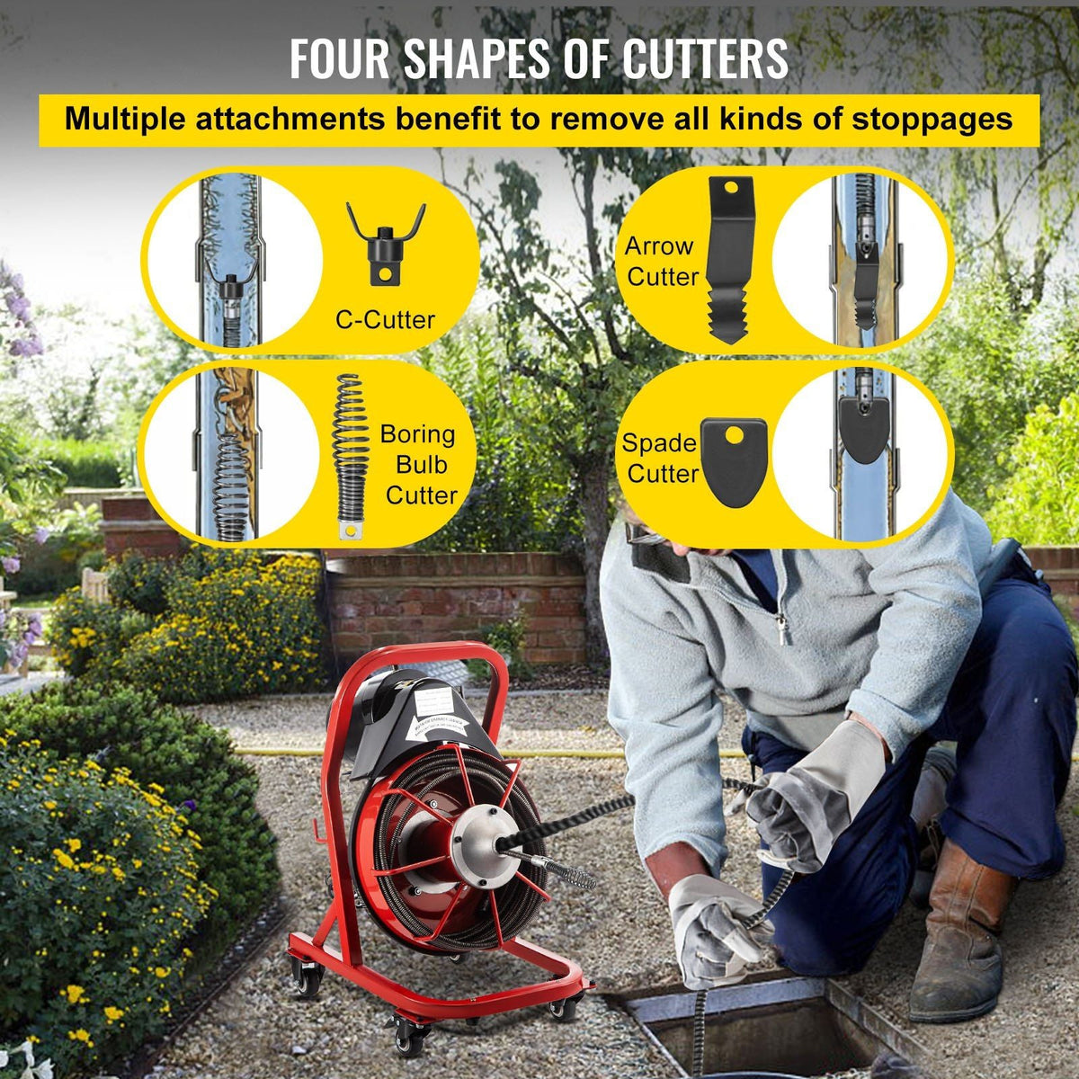 75FT x 3/8 Inch Drain Cleaning Machine, 250W Electric Drain Auger on Wheels, Portable Sewer Snake Auger Cleaner with Cutters & Air-Activated Foot Switch for 2" to 4" Pipes, Black, Red