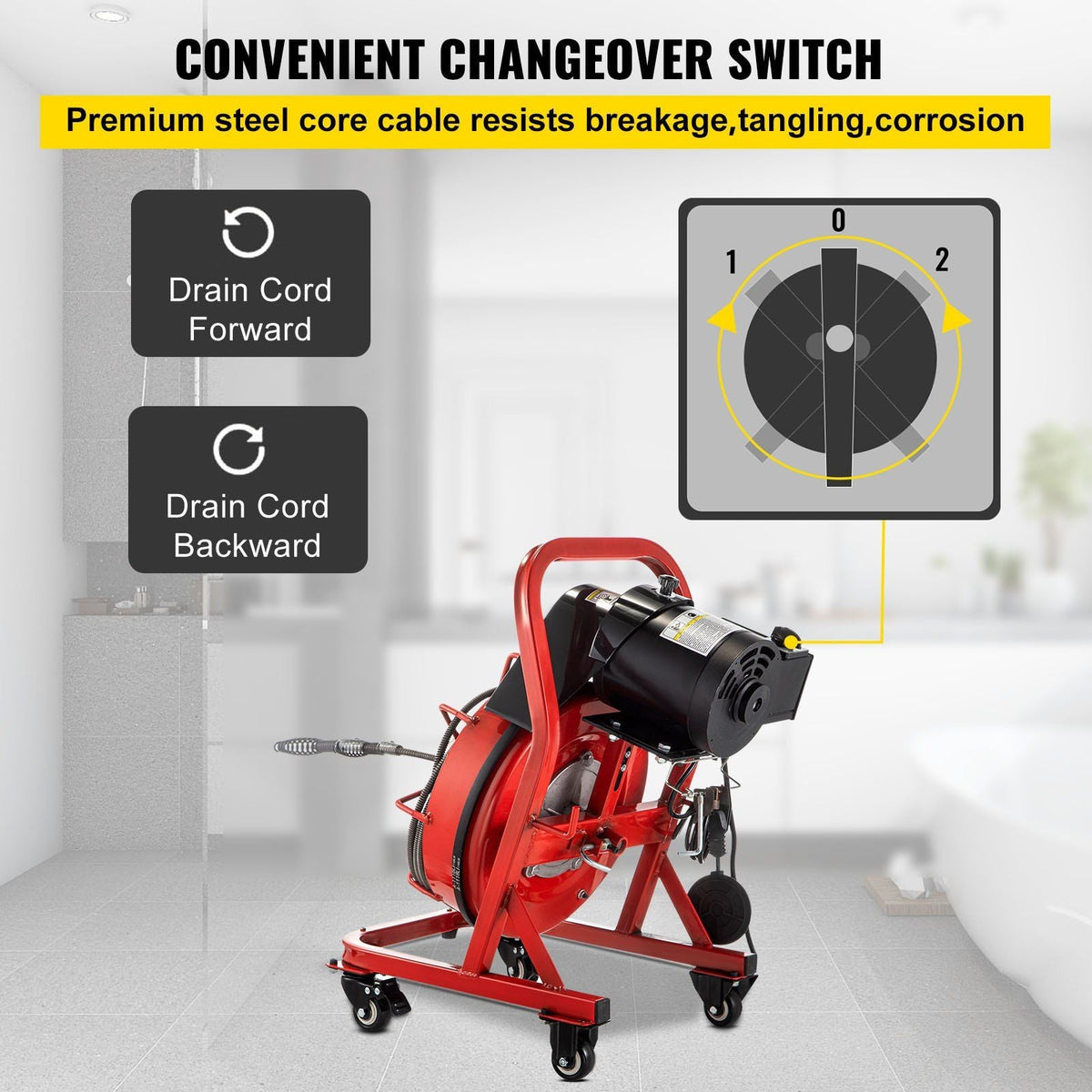75FT x 3/8 Inch Drain Cleaning Machine, 250W Electric Drain Auger on Wheels, Portable Sewer Snake Auger Cleaner with Cutters & Air-Activated Foot Switch for 2" to 4" Pipes, Black, Red