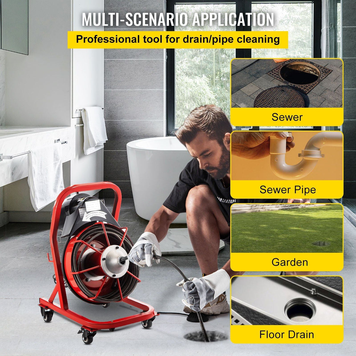 75FT x 3/8 Inch Drain Cleaning Machine, 250W Electric Drain Auger on Wheels, Portable Sewer Snake Auger Cleaner with Cutters & Air-Activated Foot Switch for 2" to 4" Pipes, Black, Red