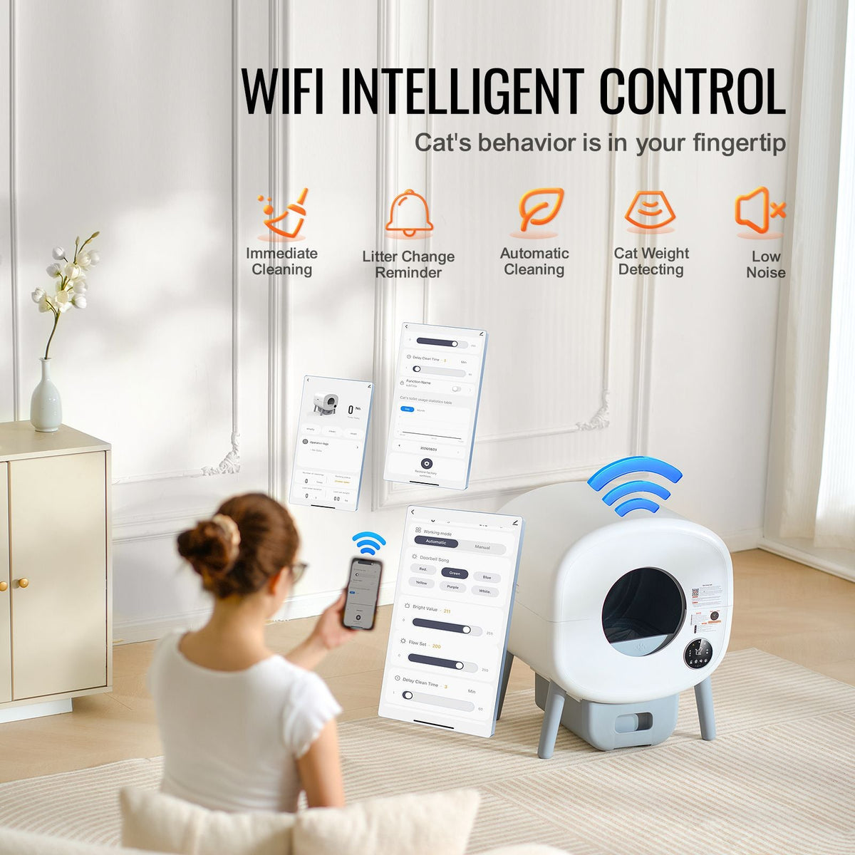 76L Self Cleaning Cat Litter Box, Automatic Cat Litter Box with Trash Bags, Large Space Smart Cat Litter Box with Odor Removal, APP Control, and Infrared Sensor, Gray