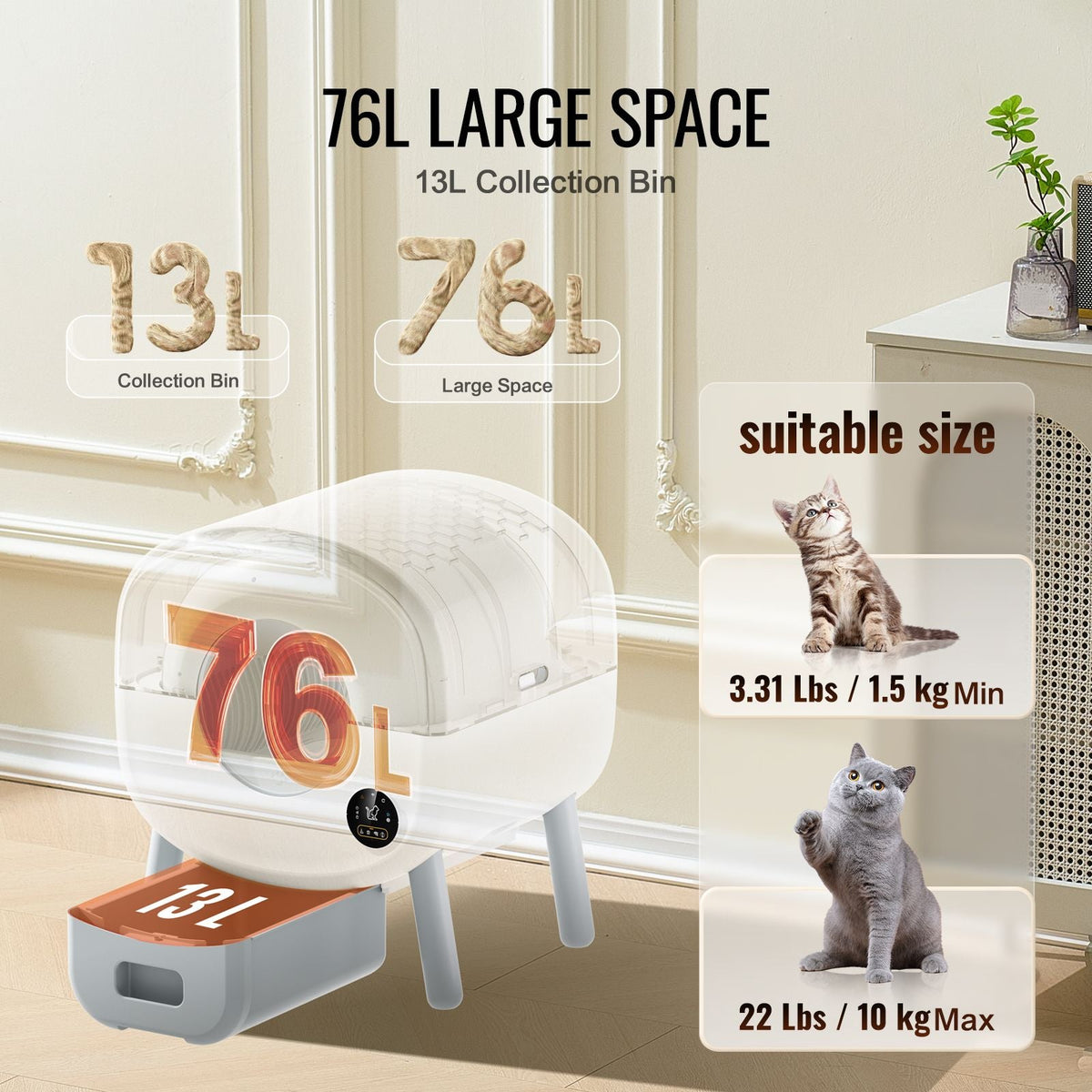 76L Self Cleaning Cat Litter Box, Automatic Cat Litter Box with Trash Bags, Large Space Smart Cat Litter Box with Odor Removal, APP Control, and Infrared Sensor, Gray