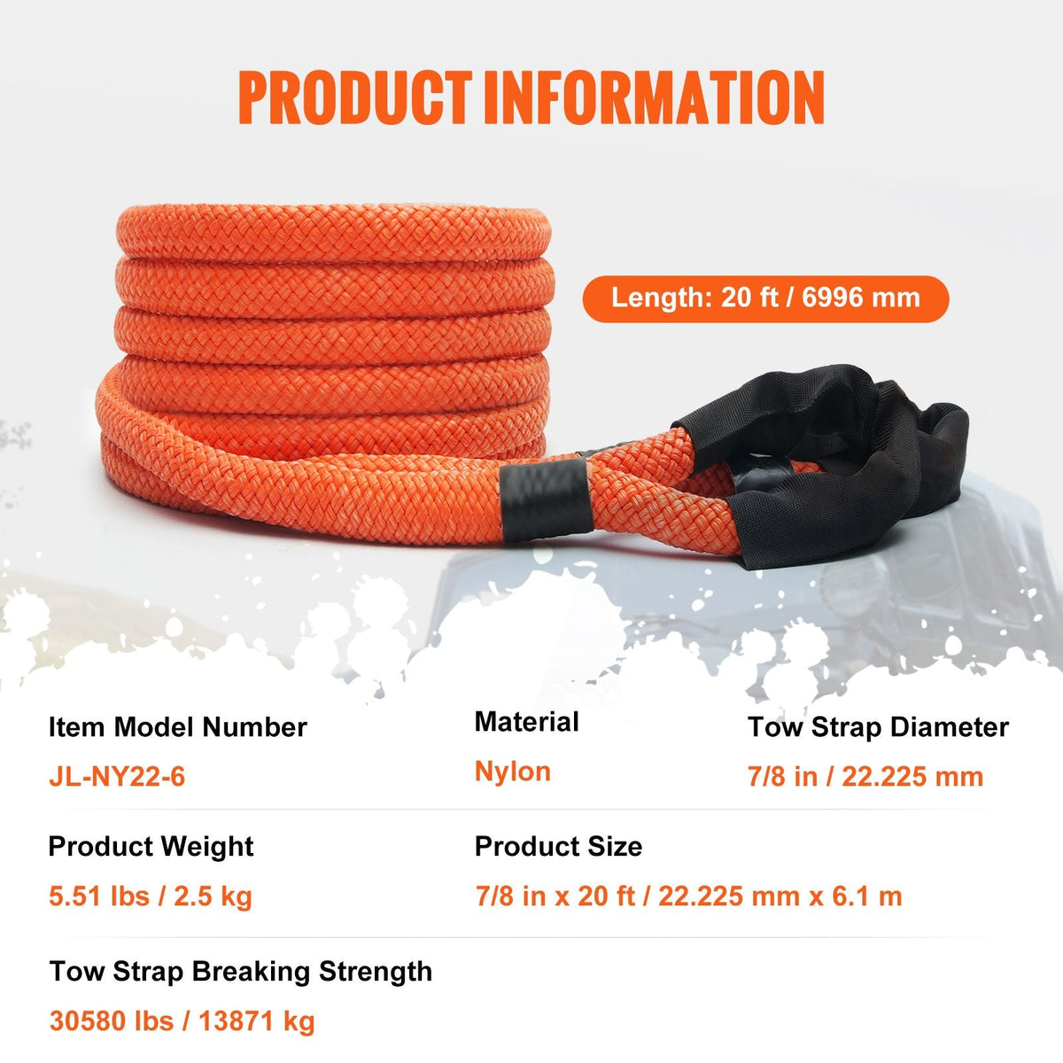 7/8" x 20' Kinetic Recovery Tow Rope 30,580 lbs, Heavy-Duty Off Road Snatch Strap, Extreme Duty 30% Elasticity Energy Snatch Strap for Jeep Car Truck ATV UTV SUV Tractor