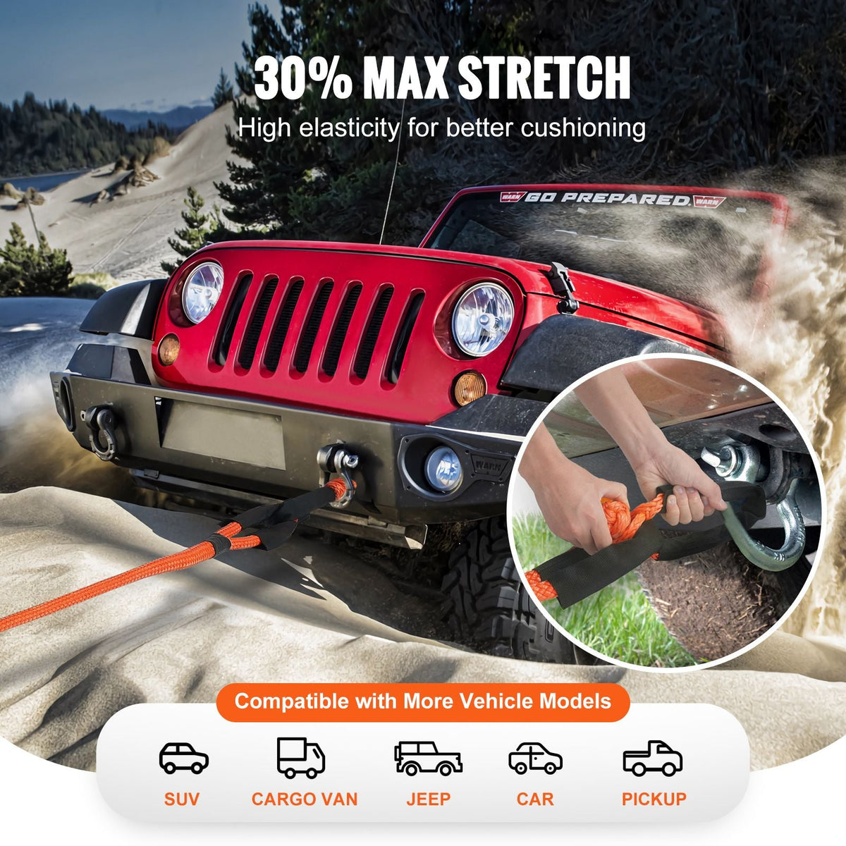 7/8" x 30' Kinetic Recovery Tow Rope 30,580lbs, Heavy-Duty Off Road Snatch Strap with 2 Soft Shackles (41750lbs) Extreme Duty 30% Elasticity Energy Snatch Strap Jeep Car Truck ATV Tractor