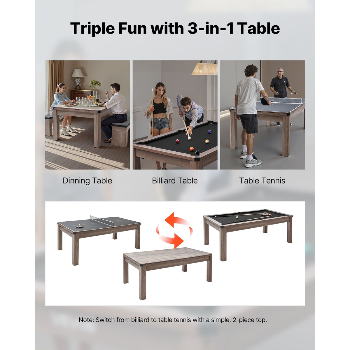 7ft Pool Table Combo Set, 3-in-1 Multi Game Billiards Tables with Dining Top and Ping Pong, 2 Benches for Storage and Accessories, Includes Ball Cue Rack Chalk Brush, for Family Recreation Room