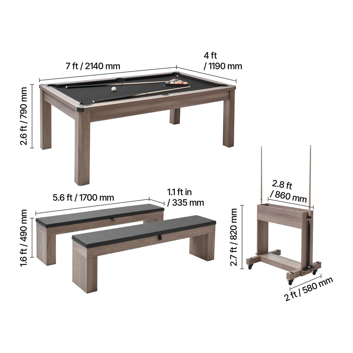 7ft Pool Table Combo Set, 3-in-1 Multi Game Billiards Tables with Dining Top and Ping Pong, 2 Benches for Storage and Accessories, Includes Ball Cue Rack Chalk Brush, for Family Recreation Room