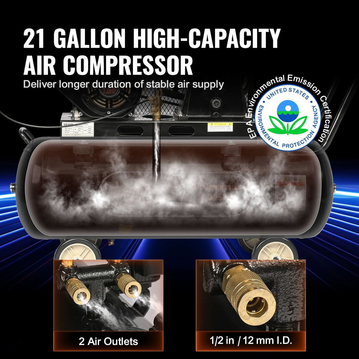 7HP Gas Powered Air Compressor, 21 Gallon Horizontal Air Compressor Tank, 9CFM@115PSI Gas Driven Piston Pump Air Compressed System with 115PSI Max Pressure for Construction Sites Workshop