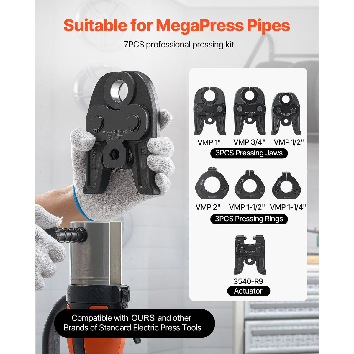 7PCS MegaPress Pressing Kit 1/2" to 2" - 3PCS Press Jaws, 3PCS Press Rings, 1PCS Actuator for MegaPress Carbon Steel Pipes, Compatible with Standard Press Tools - with Case
