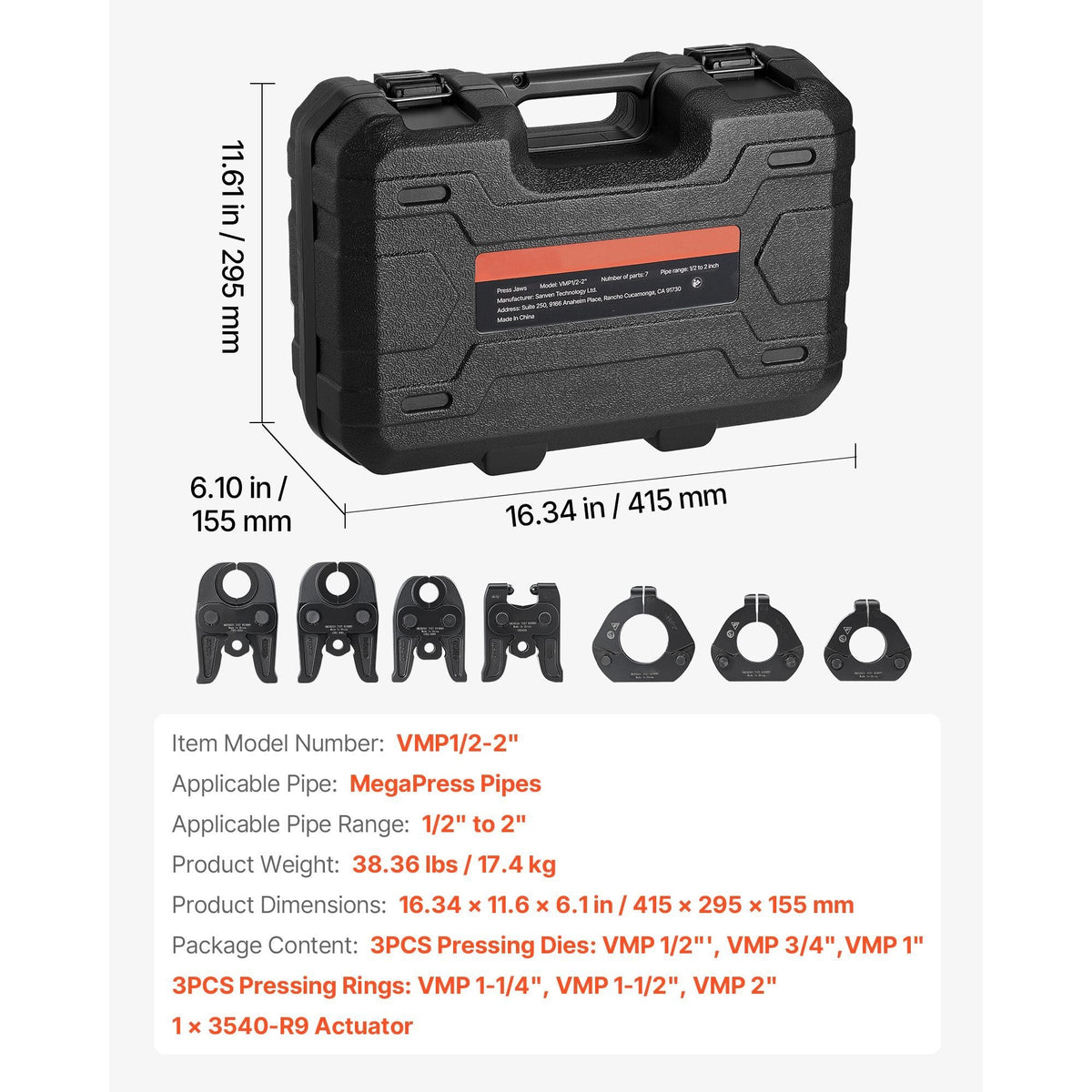 7PCS MegaPress Pressing Kit 1/2" to 2" - 3PCS Press Jaws, 3PCS Press Rings, 1PCS Actuator for MegaPress Carbon Steel Pipes, Compatible with Standard Press Tools - with Case