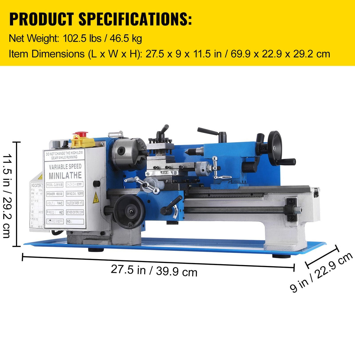 7x12" 400W Precision Mini Metal Lathe Variable Speed 2250RPM