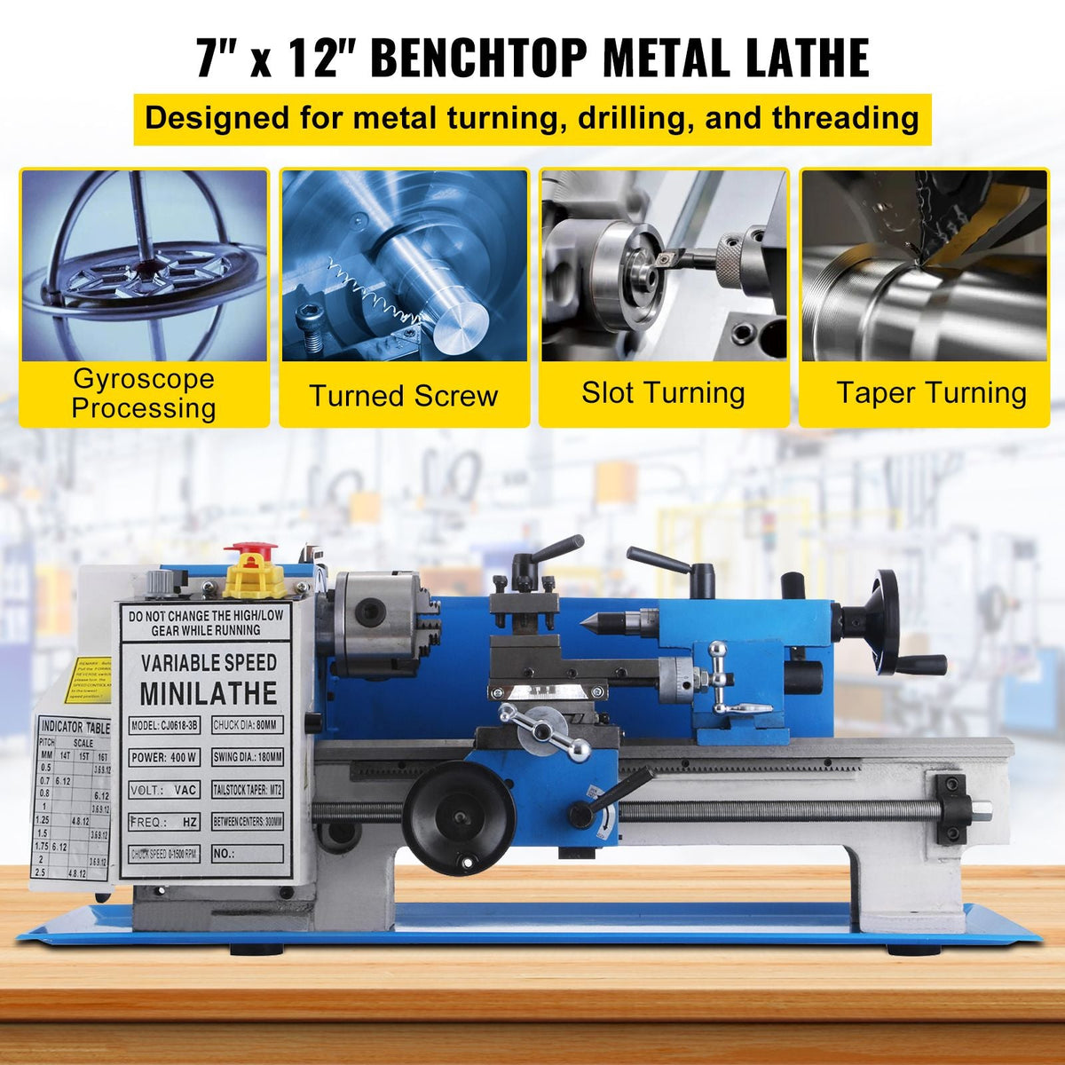 7x12" 400W Precision Mini Metal Lathe Variable Speed 2250RPM