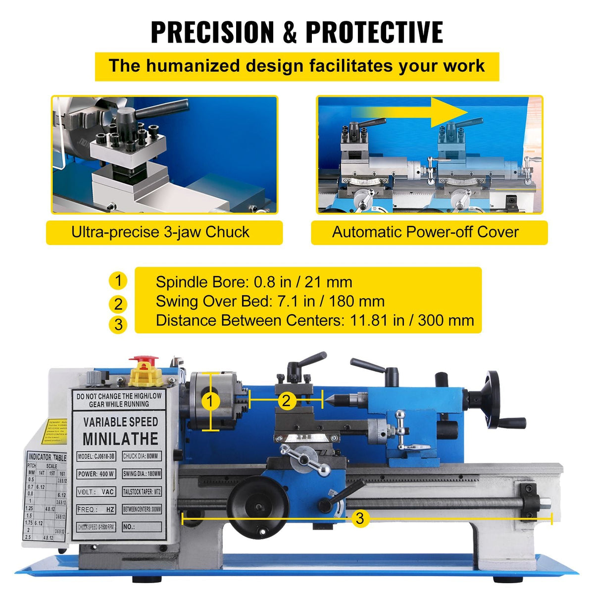 7x12" 400W Precision Mini Metal Lathe Variable Speed 2250RPM