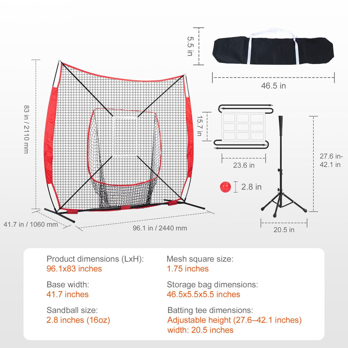 7x7 ft Baseball Softball Practice Net, Portable Baseball Training Net for Hitting Batting Catching Pitching, Backstop Baseball Equipment with Bow Frame, Carry Bag, Strike Zone, Ball, Batting Tee