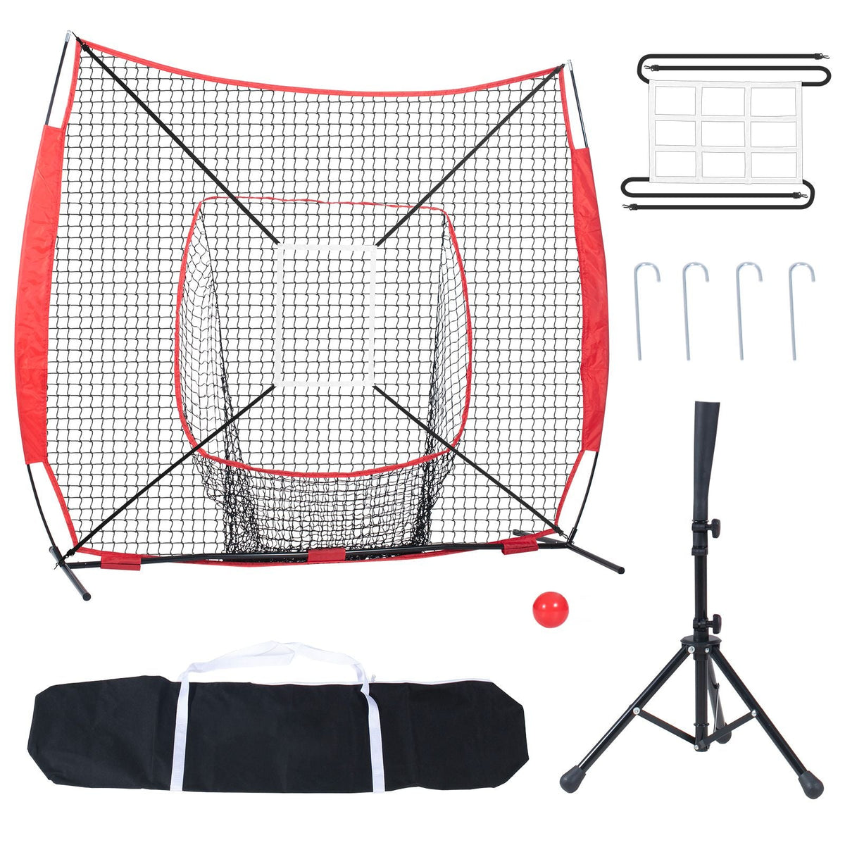 7x7 ft Baseball Softball Practice Net, Portable Baseball Training Net for Hitting Batting Catching Pitching, Backstop Baseball Equipment with Bow Frame, Carry Bag, Strike Zone, Ball, Batting Tee