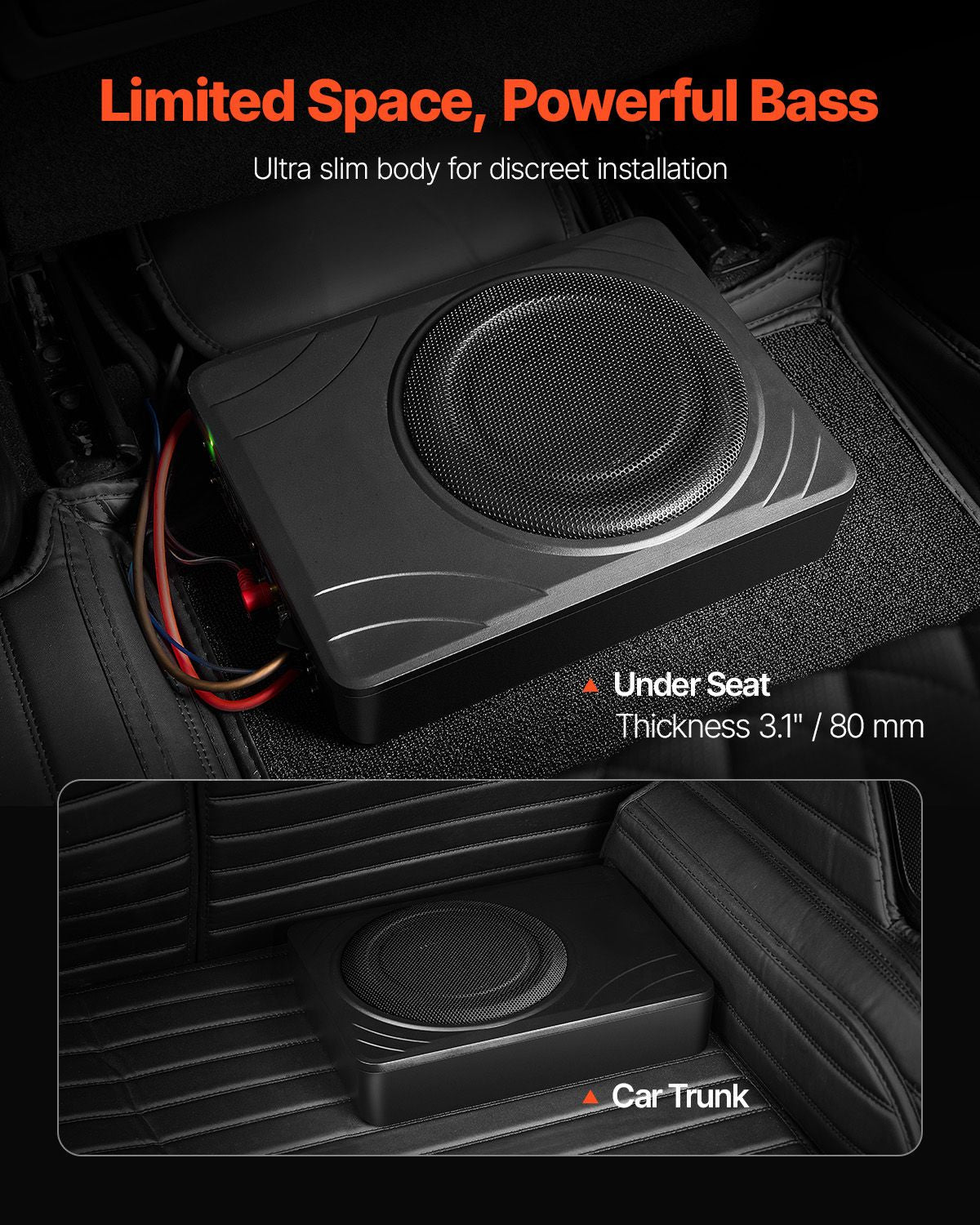 8" 300W Underseat Car Subwoofer, Slim Powered Car Subwoofers Under the Seat, Low Profile Audio Sub Built-in Amplifier, High/Low Level Input & Volume Controller for SUVs, Car, Truck, RV